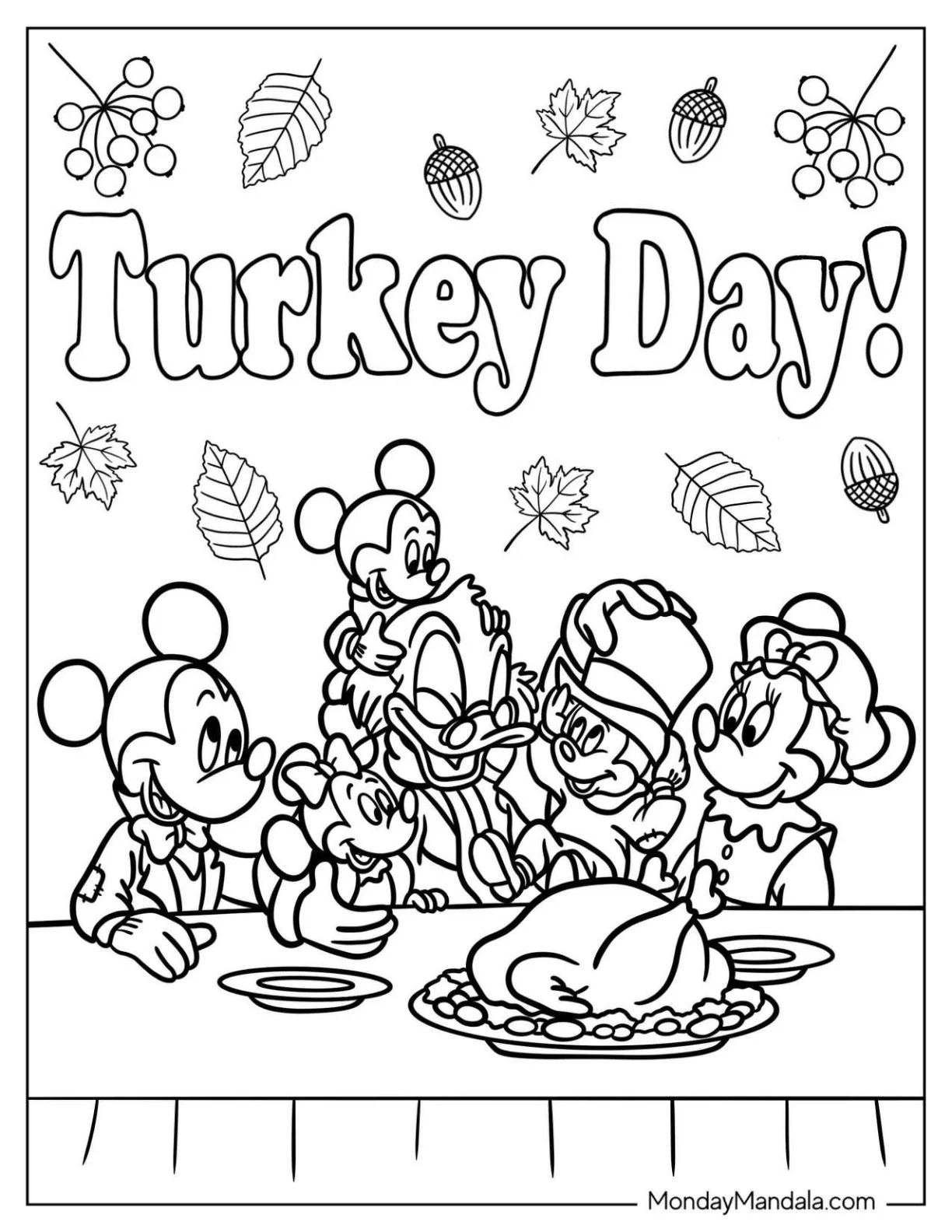 Disney Thanksgiving Coloring Page Of Mickey And Minnie Mouse With Children And Humperdink Duck coloring page — printable line art
