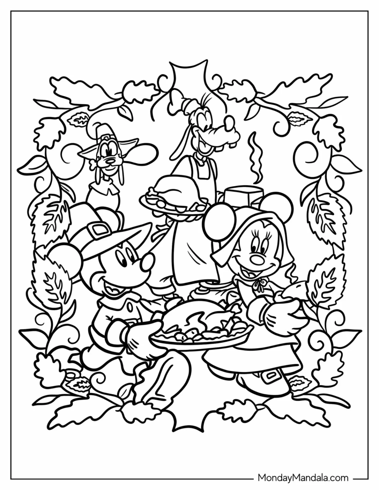 Disney Thanksgiving Coloring Page Of Mickey Mouse, Minnie Mouse, and Goofy Dressed As Pilgrims Carrying Food coloring page