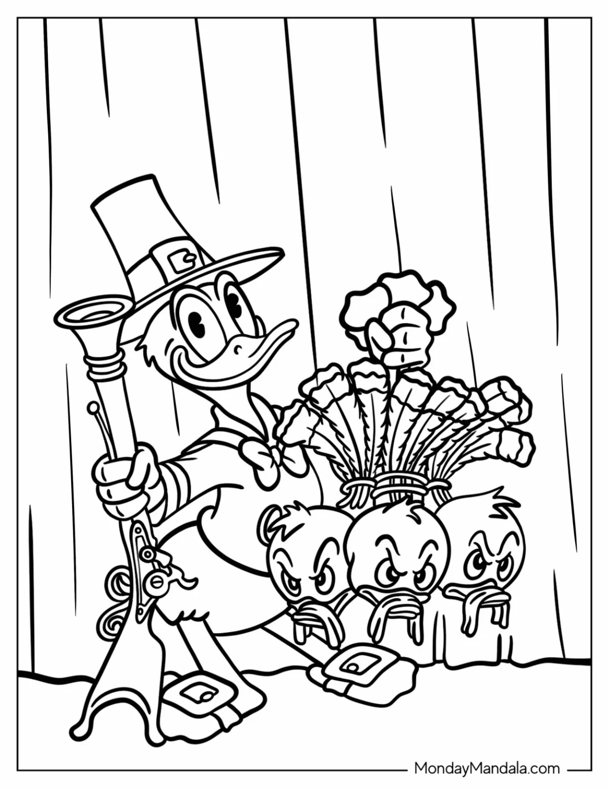 Disney Thanksgiving Coloring Page Of Pilgrim Donald Duck Holding Turkey Huey, Dewey, and Loui coloring page — printable line art