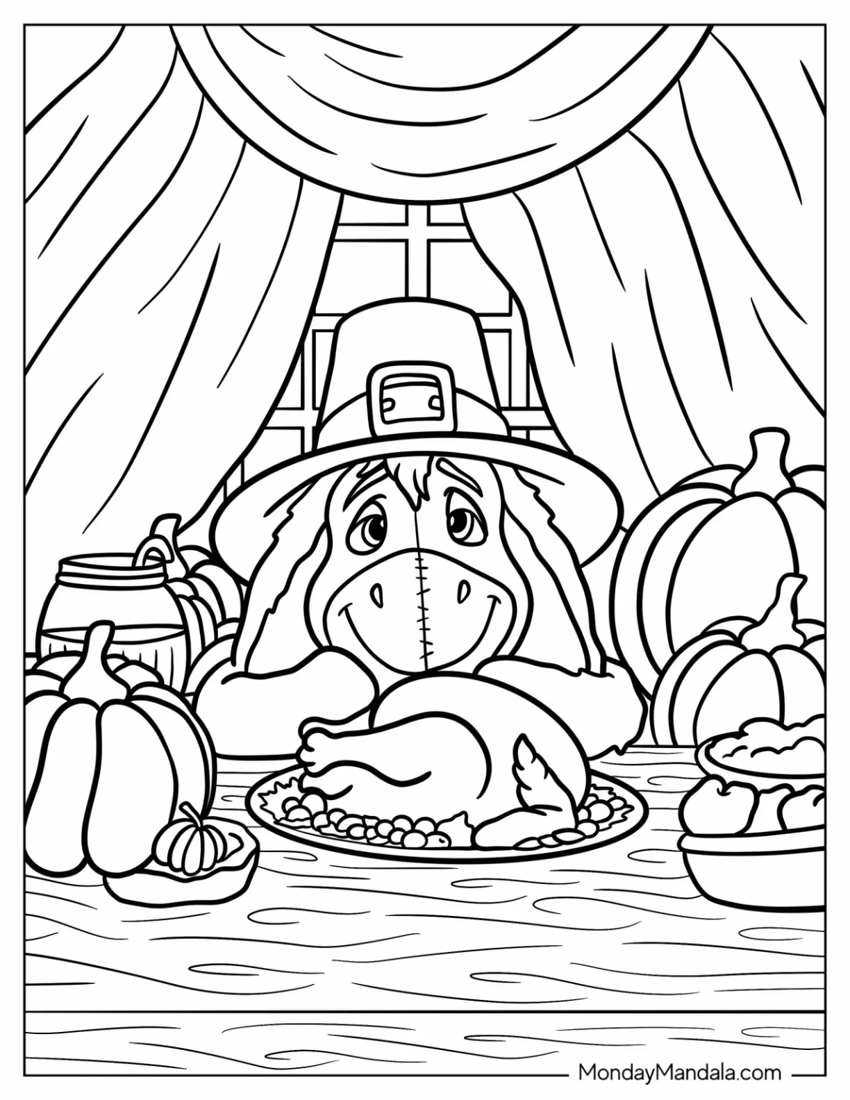Eeyore Smiling At His Disney Thanksgiving Coloring Page Dinner coloring page — printable line art