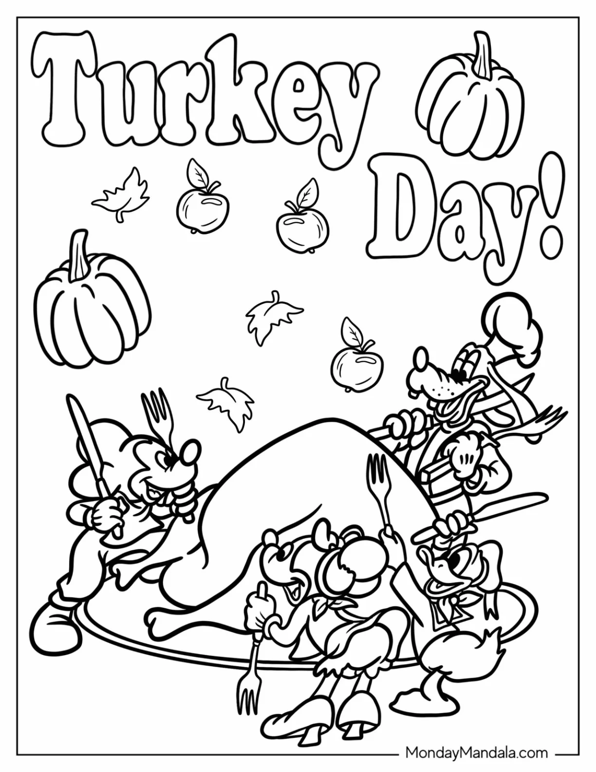 Goofy, Donald Duck, Mickey Mouse, And Minnie Mouse Eating A Massive Turkey Disney Thanksgiving Coloring Page coloring page