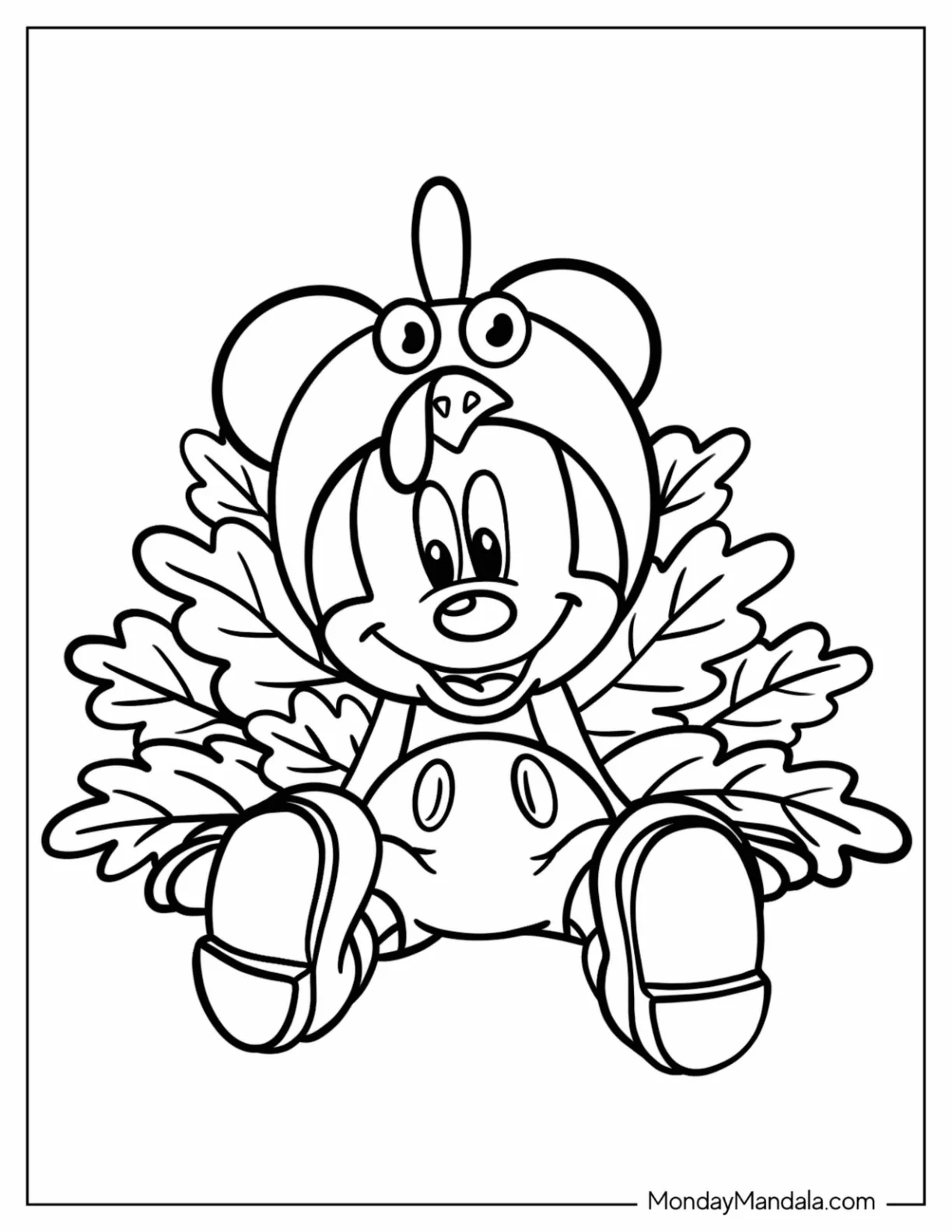 Kawaii Mickey Mouse Dressed As A Disney Thanksgiving Coloring Page Turkey For Kids coloring page