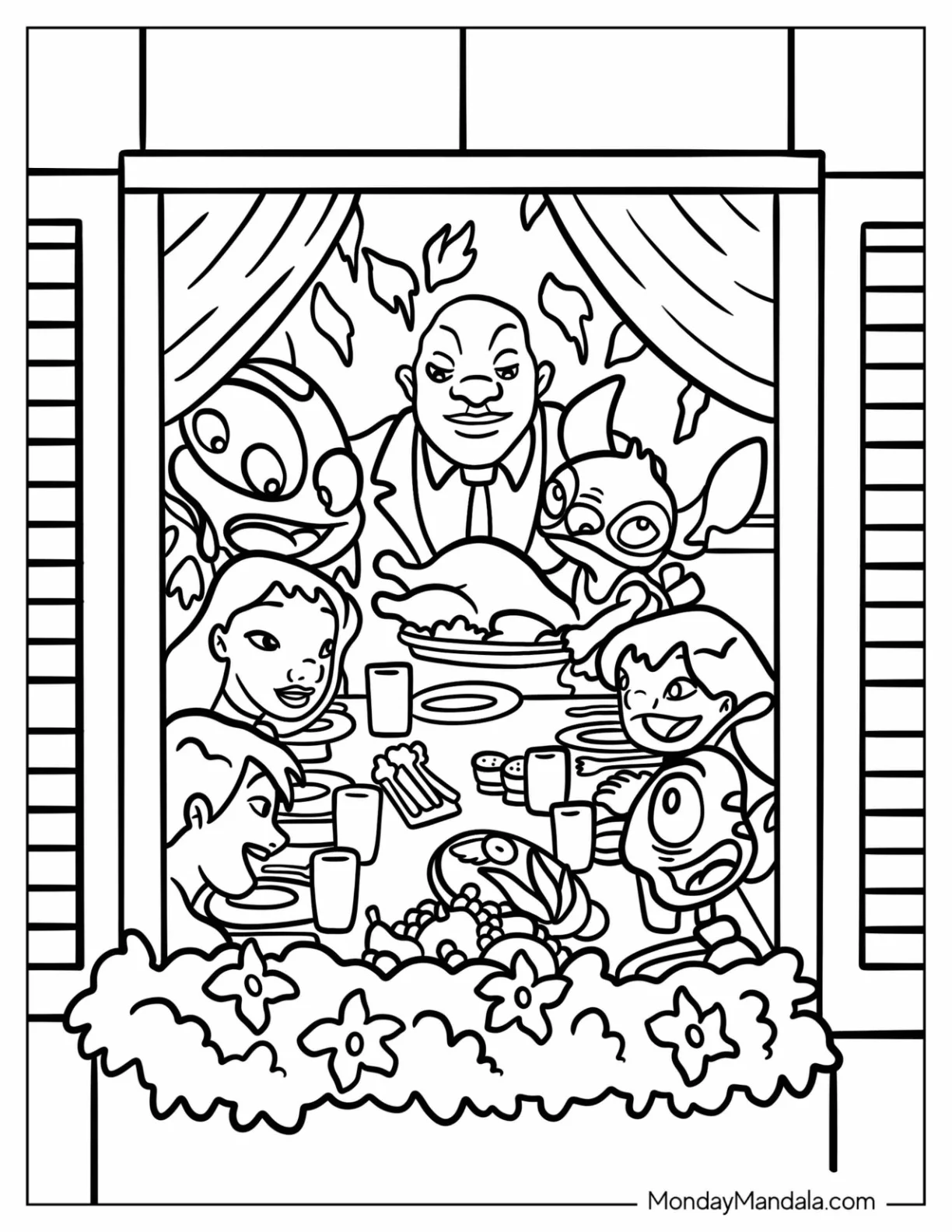 Lilo And Stitch With Family On Disney Thanksgiving Coloring Page coloring page