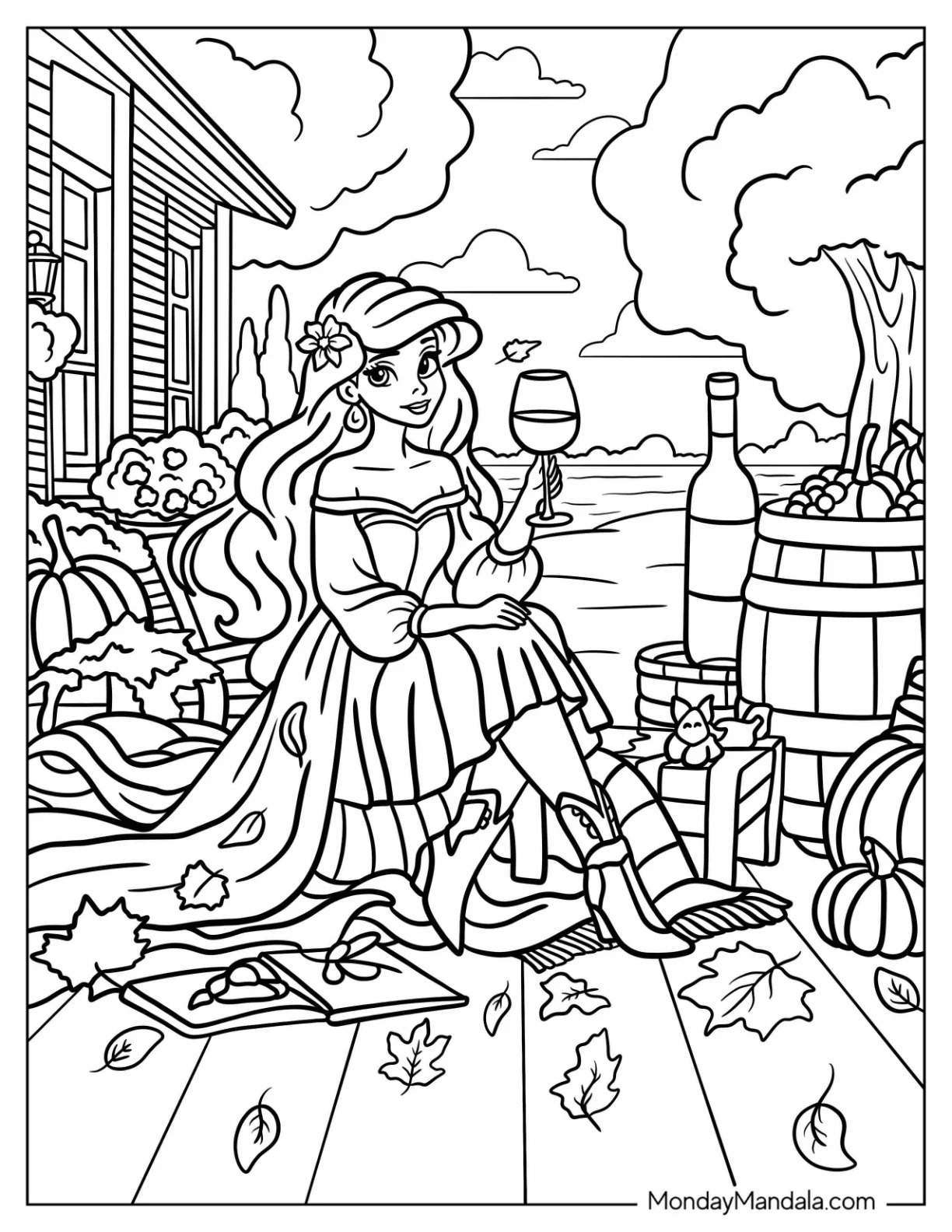 Little Mermaid Ariel Drinking Wine On Disney Thanksgiving Coloring Page coloring page — printable line art