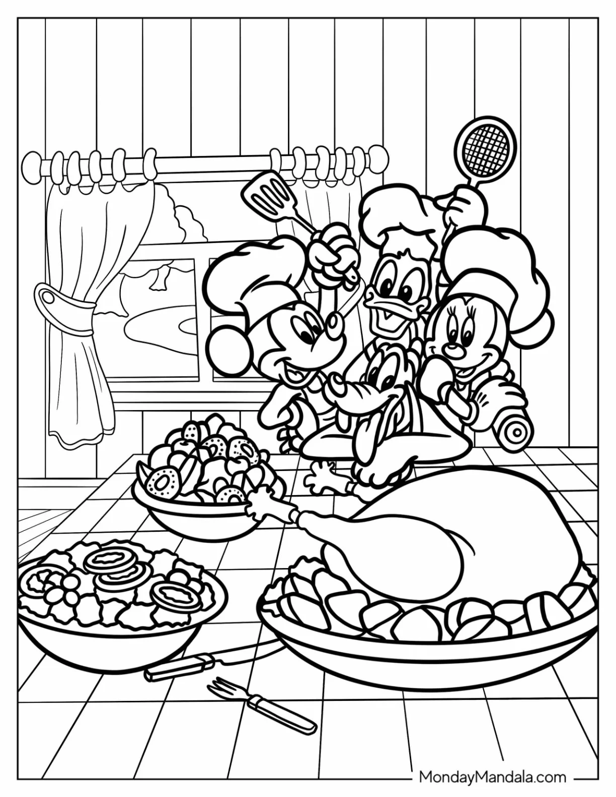 Mickey Mouse, Donald Duck, Minnie Mouse, and Pluto Eating Disney Thanksgiving Coloring Page Dinner coloring page — printable line art