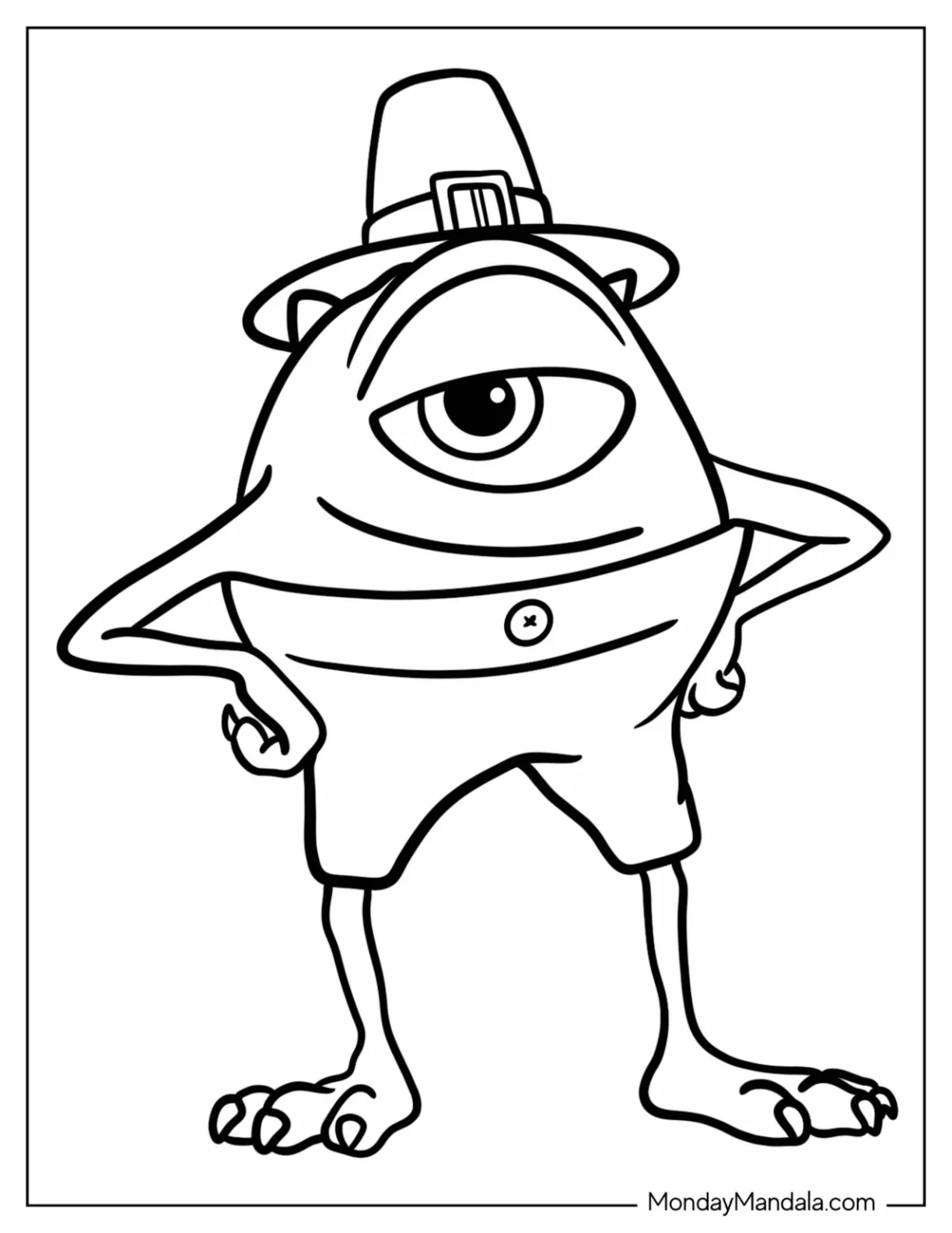 Mike Wazowski Dressed As A Pilgrim Disney Thanksgiving Coloring Page For Kids coloring page — printable line art