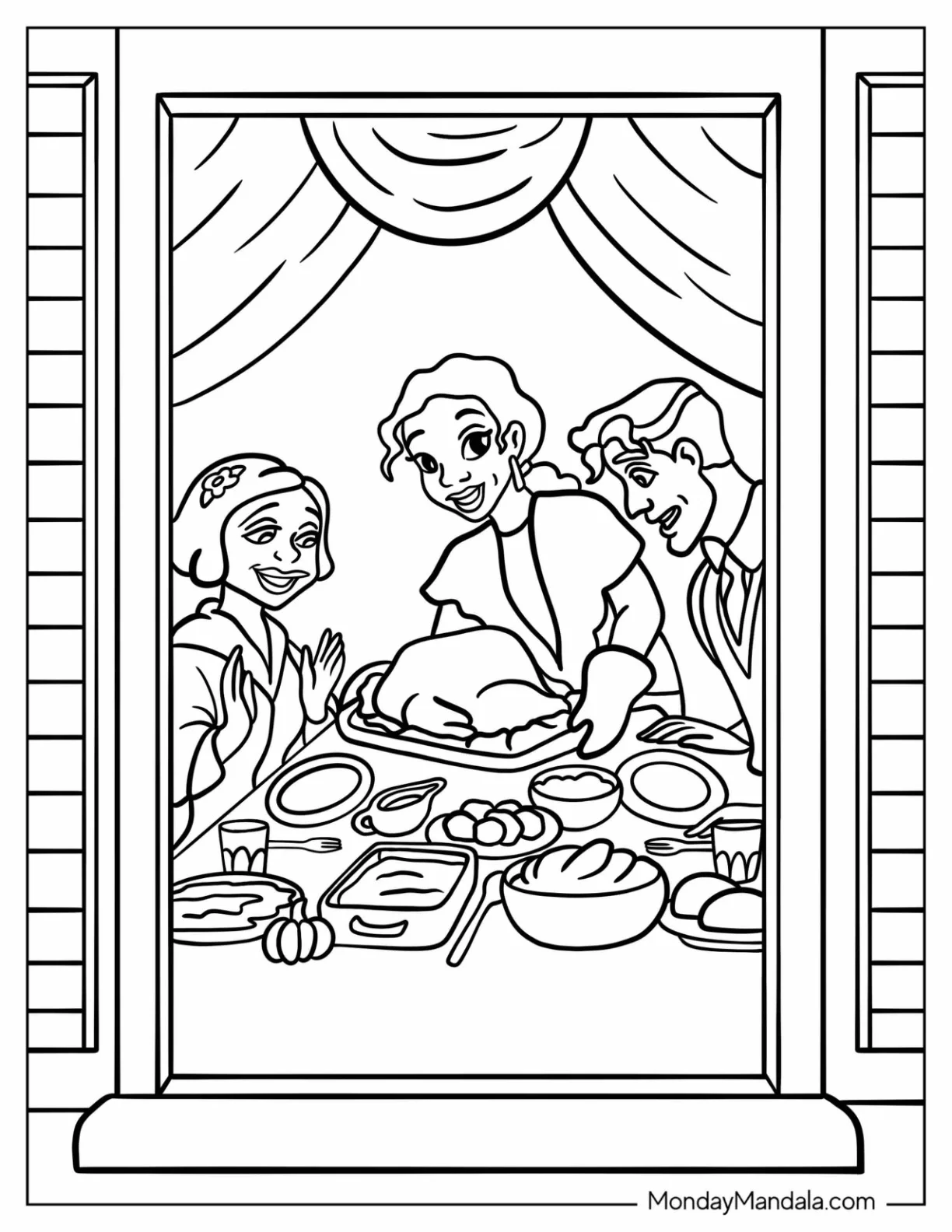 Princess Tiana, Prince Naveem, And Eudora Eating Thanksgiving Dinner Coloring Page coloring page