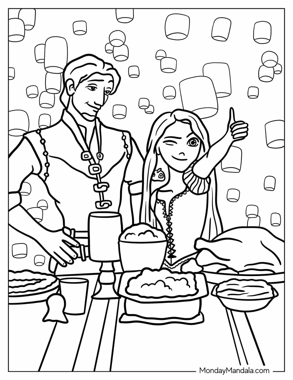 Rapunzel And Flynn In Front Of Disney Thanksgiving Coloring Page Feast coloring page — printable line art
