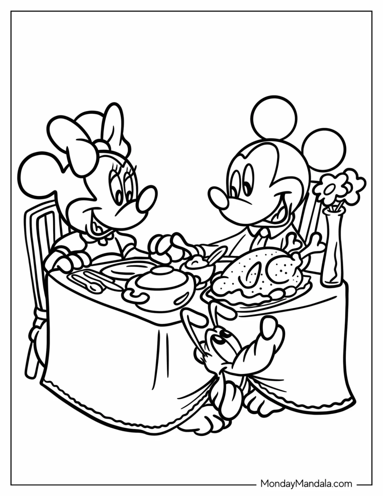 Romantic Disney Thanksgiving Coloring Page Dinner With Mickey Mouse, Minnie Mouse, And Pluto coloring page