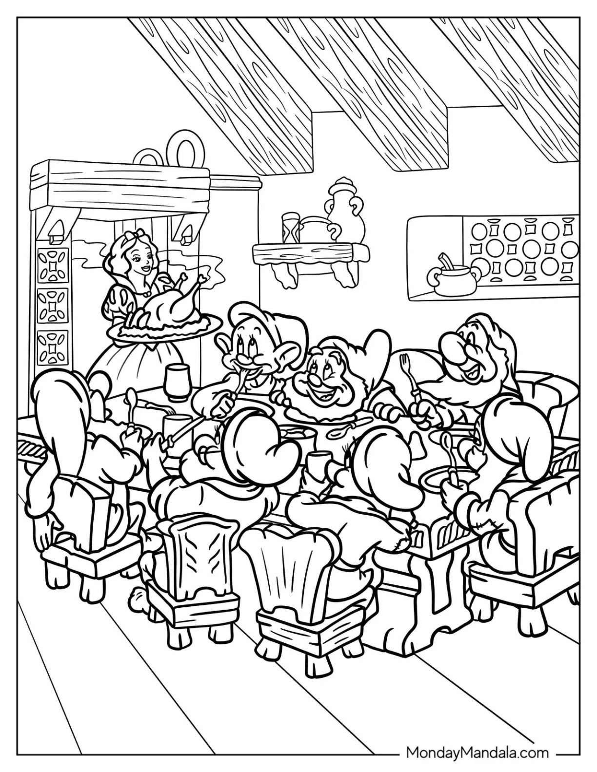 Snow White Serving Disney Thanksgiving Coloring Page Turkey To The Seven Dwarves coloring page