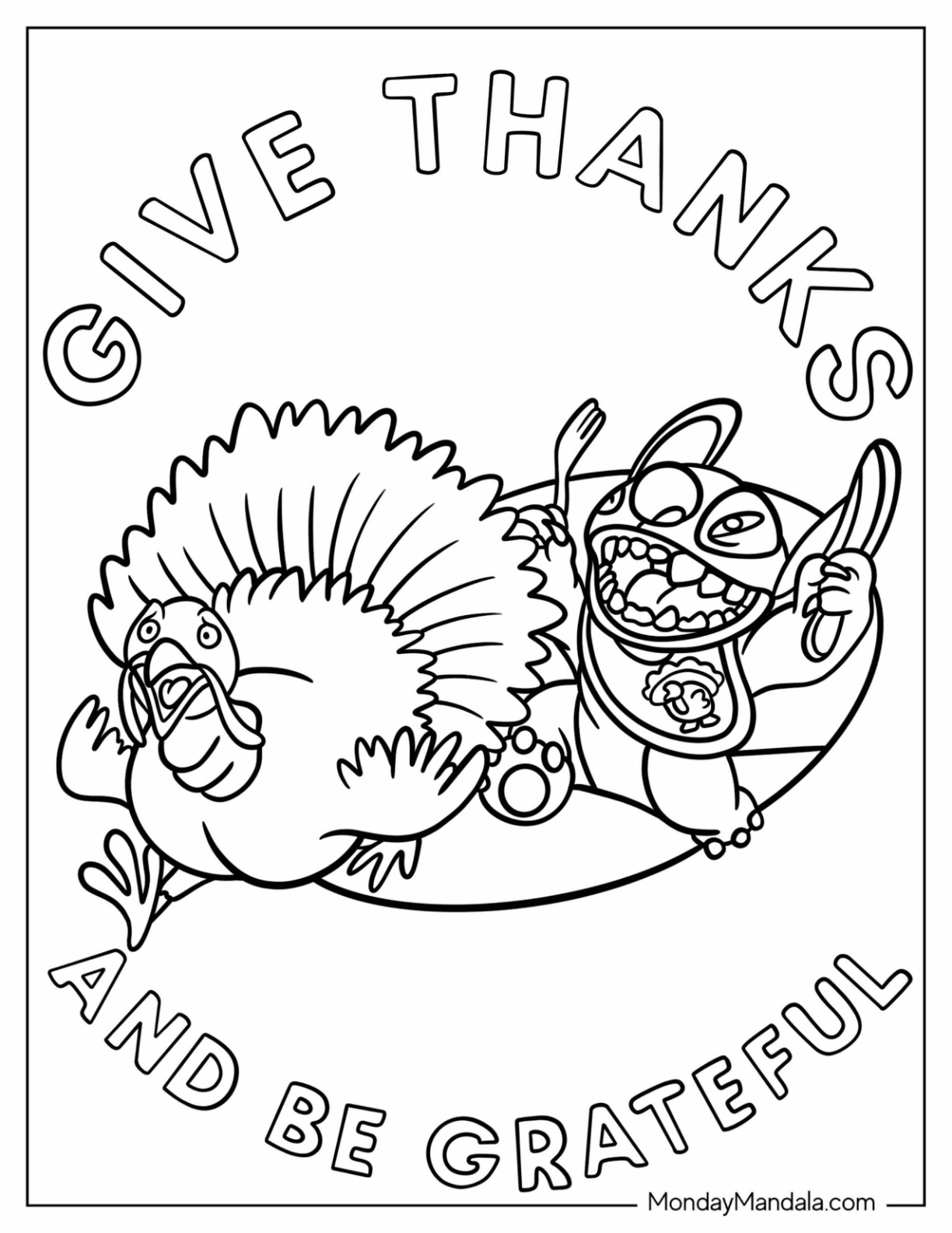 Stitch Chasing A Turkey Disney Thanksgiving Coloring Page coloring page