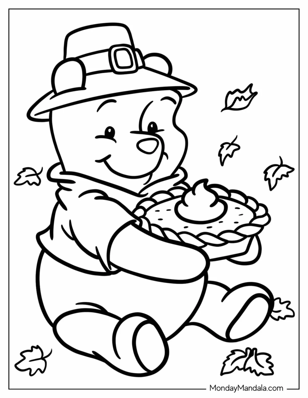 Winnie The Pooh Holding A Disney Thanksgiving Coloring Page Pie For Kids coloring page