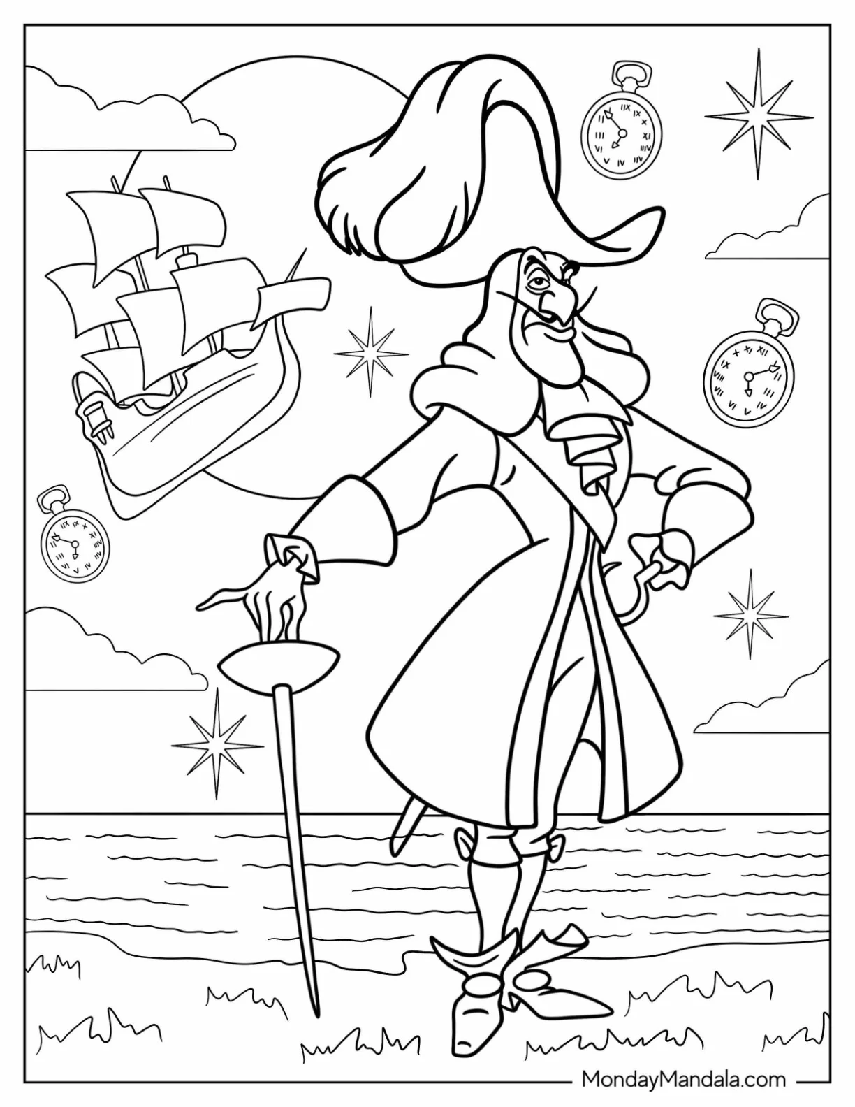 Disney Villain Coloring Page Of Captain Hook With Flying Ship In Background coloring page — printable line art