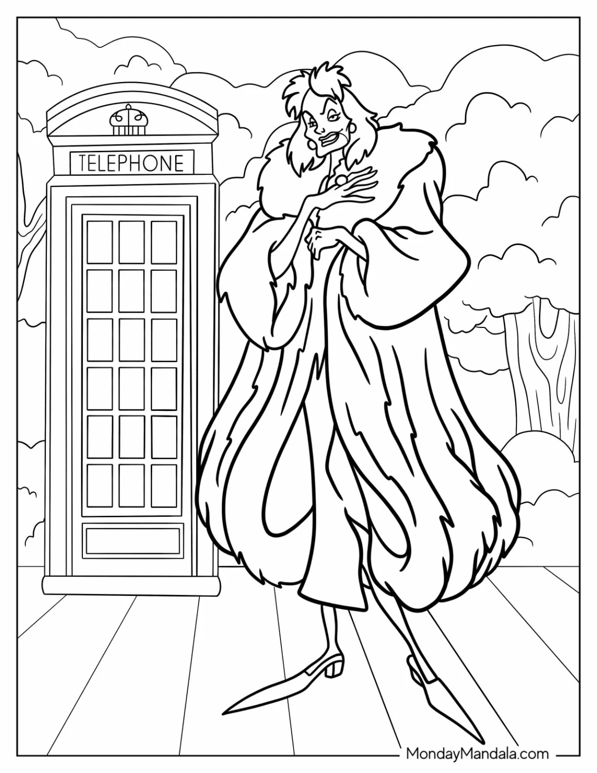 Disney Villain Coloring Page Of Cruella De Vil Outside Of Telephone Booth coloring page