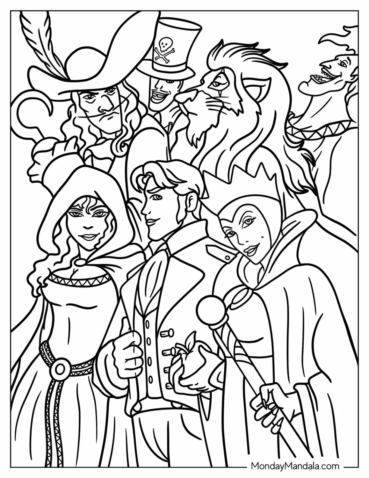 Disney Villain Coloring Page Of Hans, Hades, Scar, Mother Gothel, Captain Hook, Dr. Facilier, And Queen Grimhilde coloring page