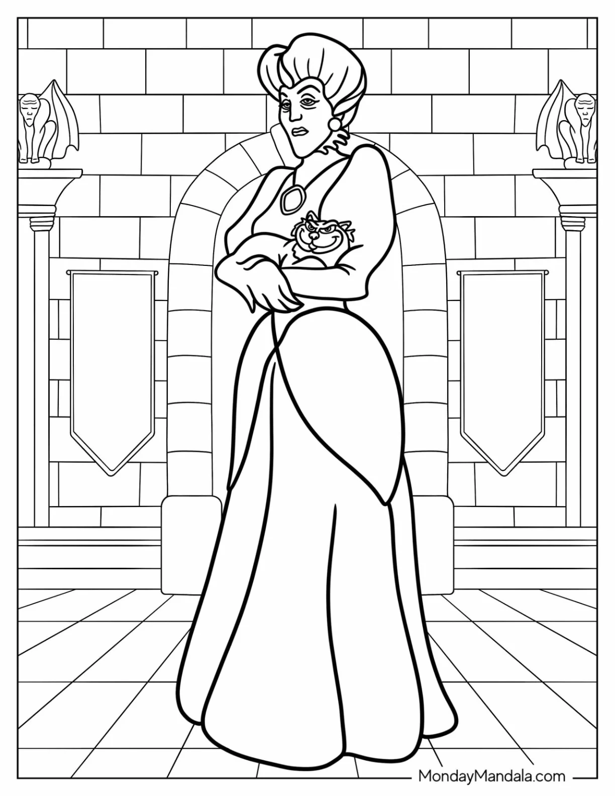 Disney Villain Coloring Page Of Lady Tremaine Carrying Cat coloring page