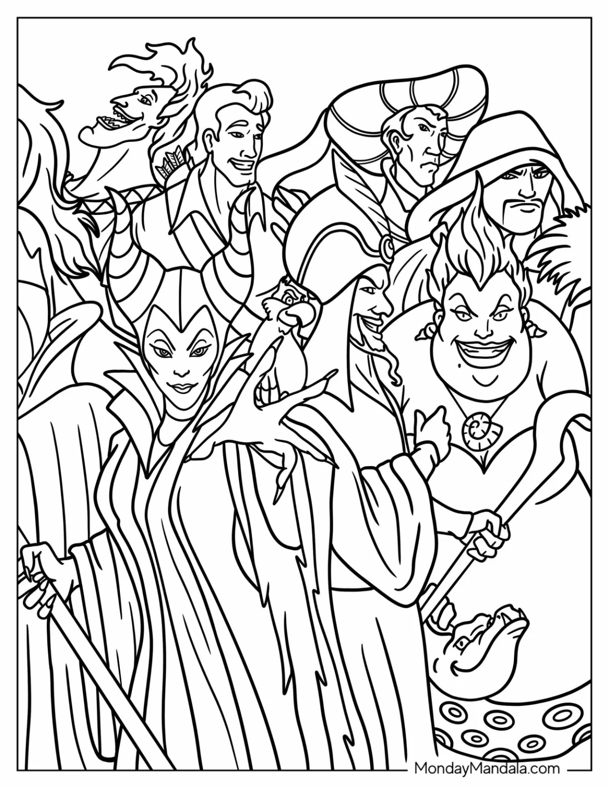 Disney Villain Coloring Page Of Maleficent, Ursula, Gaston, Hades, Claude, And Shan Yu coloring page — printable line art