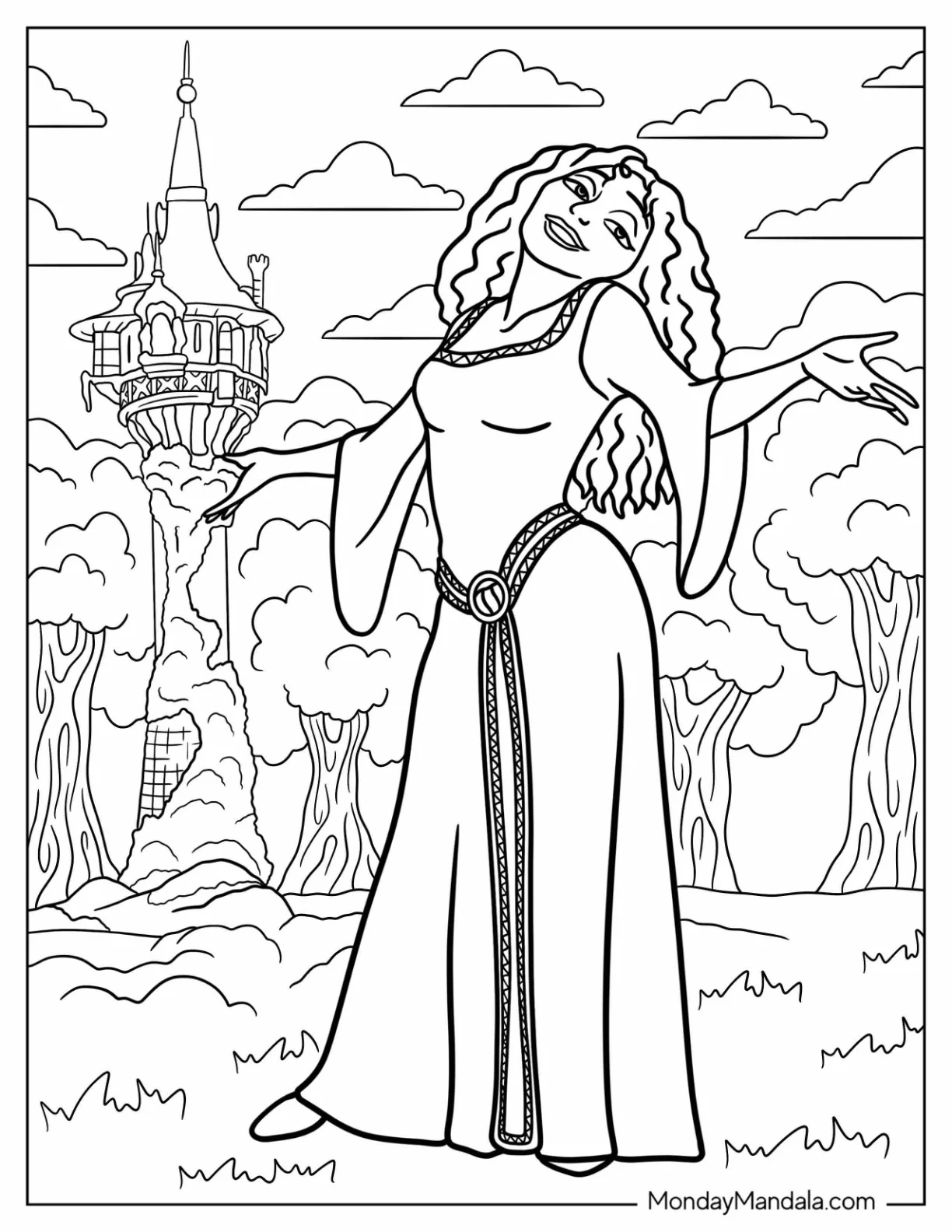 Disney Villain Coloring Page Of Mother Gothel Standing Outside Rapunzel's Tower coloring page