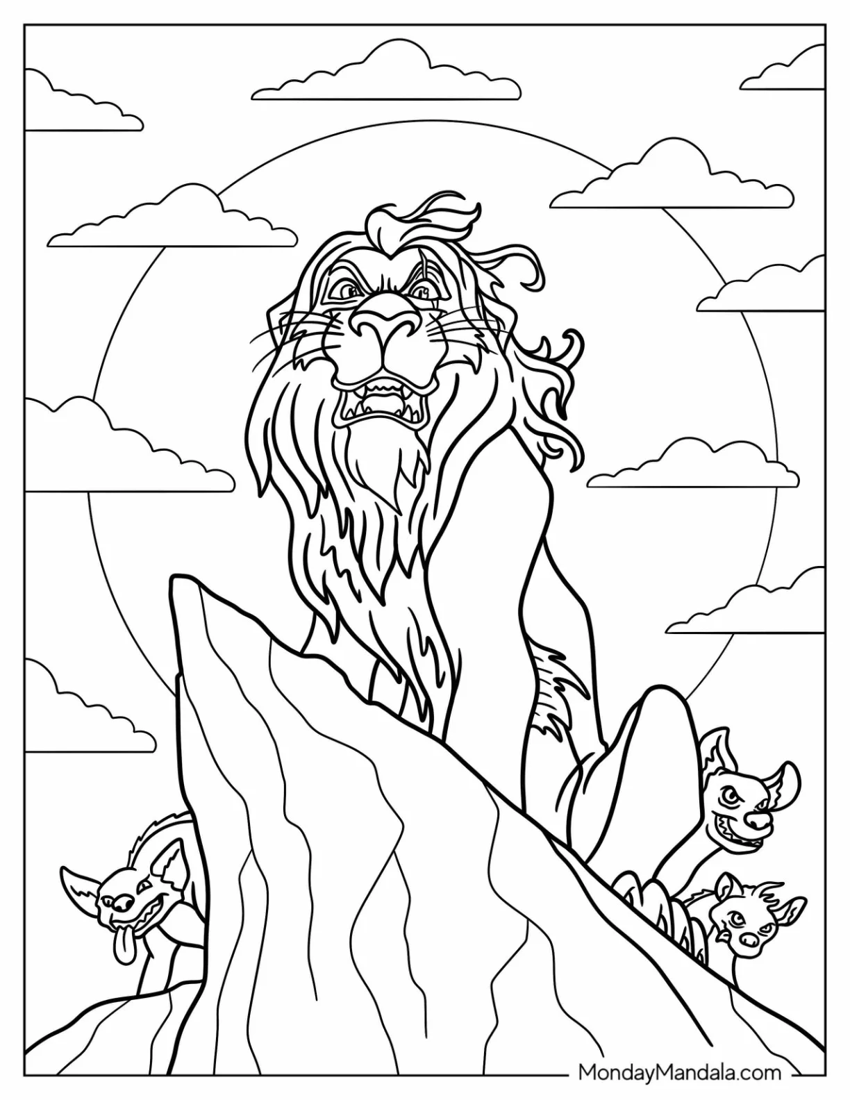 Disney Villain Coloring Page Of Scar On Cliff With Hyenas coloring page