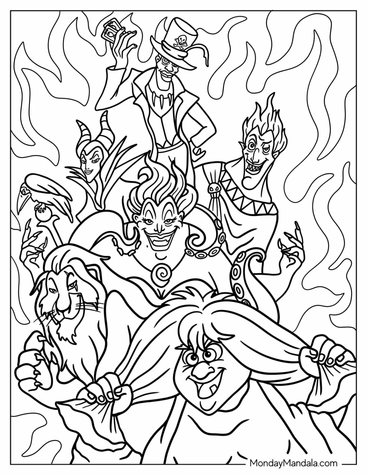 Madam Mim, Scar, Maleficient Ursula, Hades, And Dr. Facilier Disney Villain Coloring Page coloring page