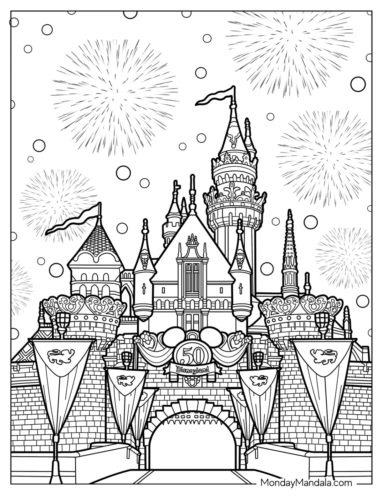 Disneyland Coloring Page Castle And Fireworks On 50th Anniversary coloring page
