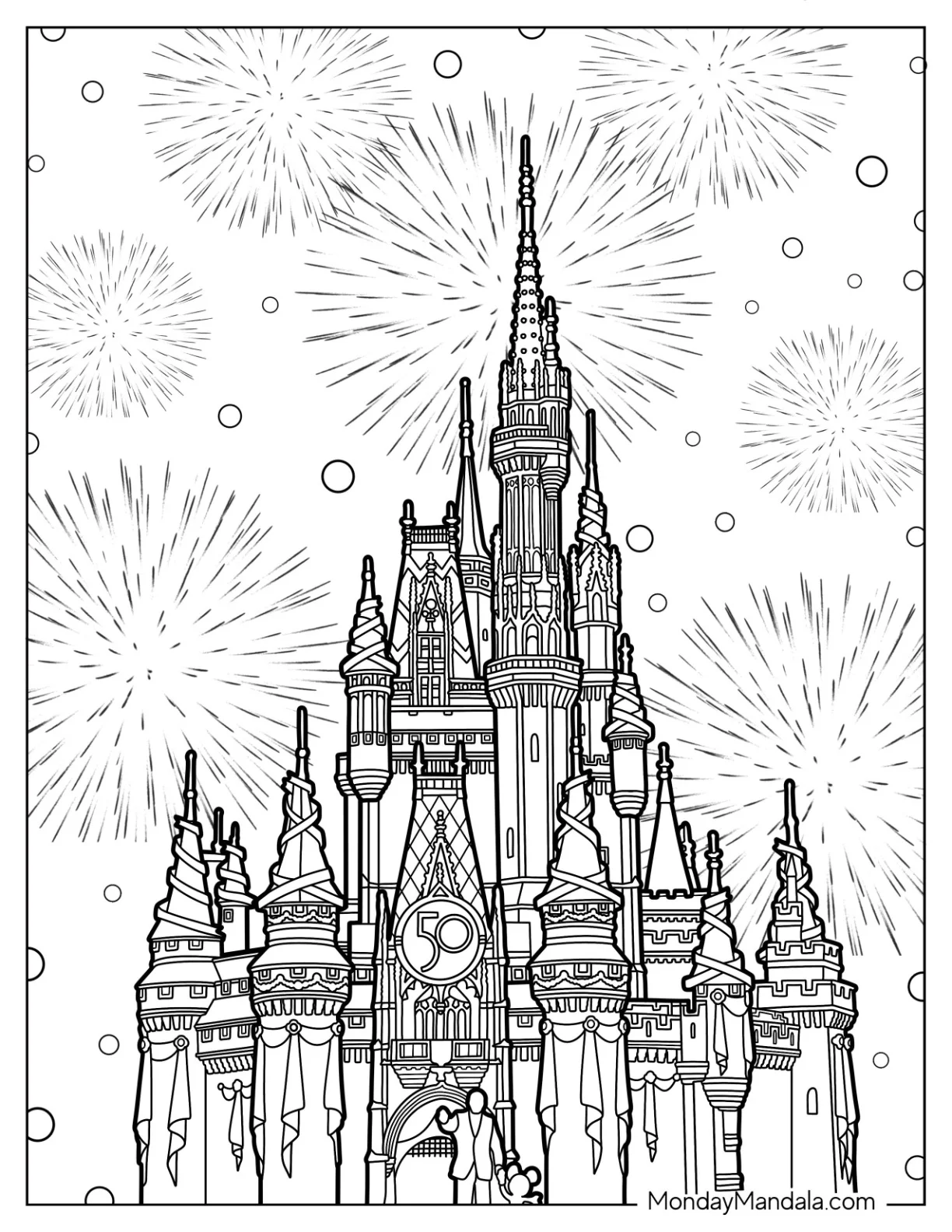 Disneyland Coloring Page Cinderella Castle With Fireworks In Background coloring page