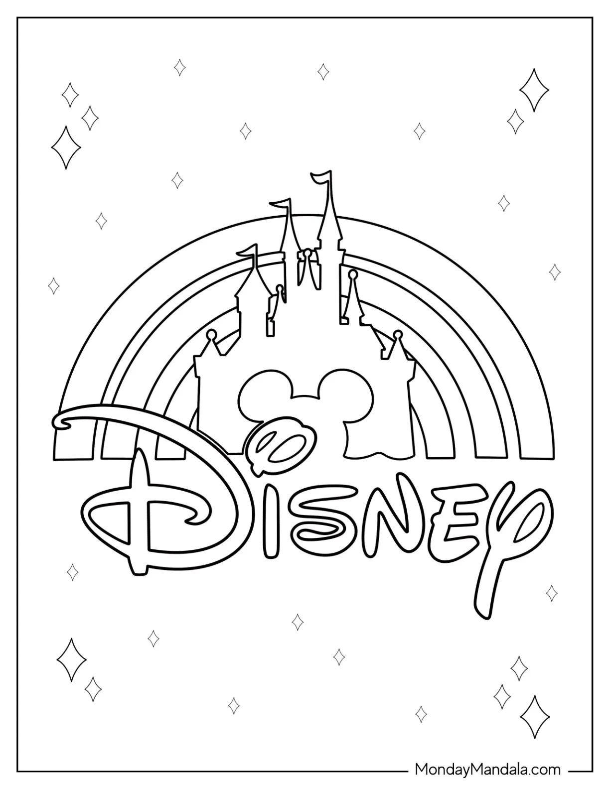 Disneyland Coloring Page Logo With Castle Outline In Background coloring page