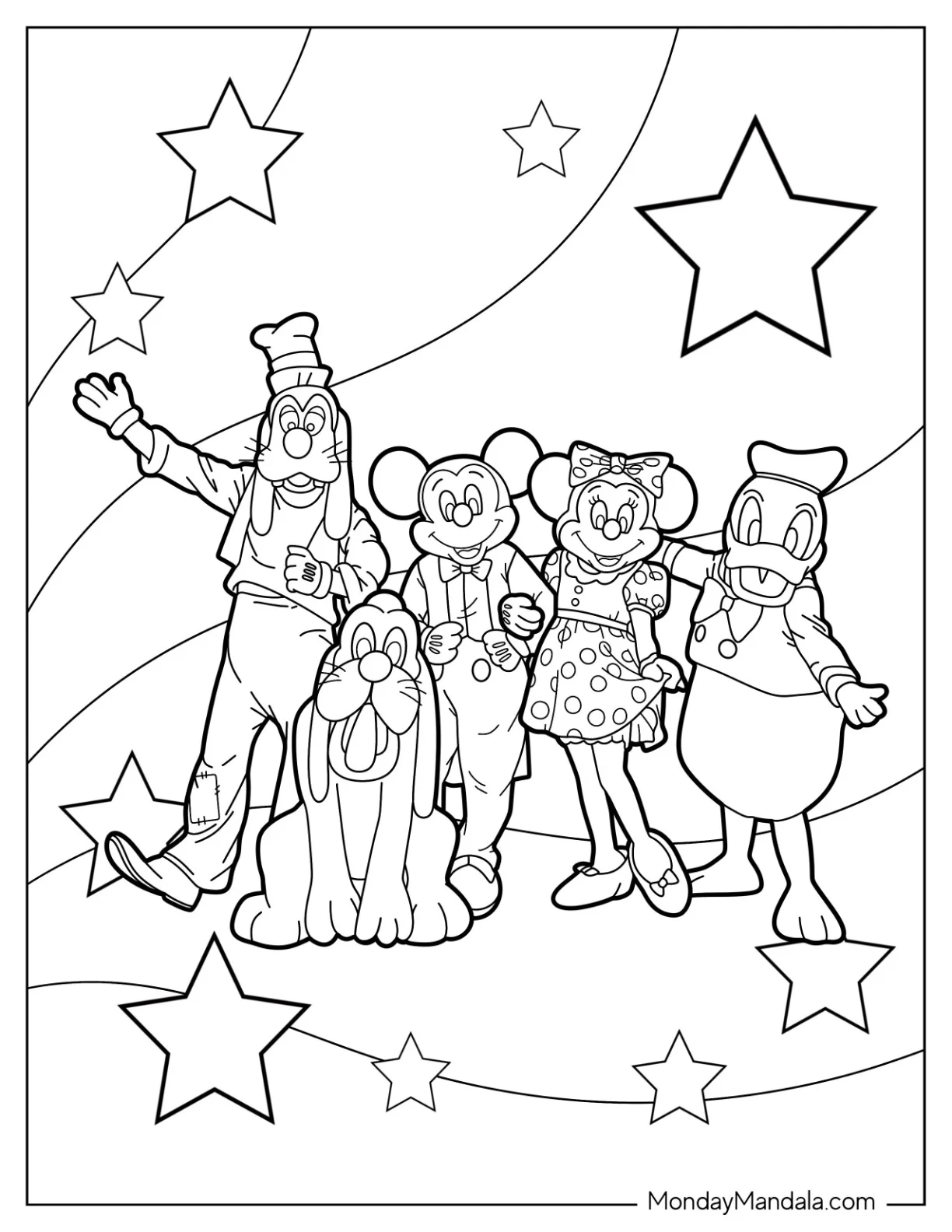 Disneyland Coloring Page Mascots Goofy, Pluto, Mickey, Minnie, And Donald coloring page