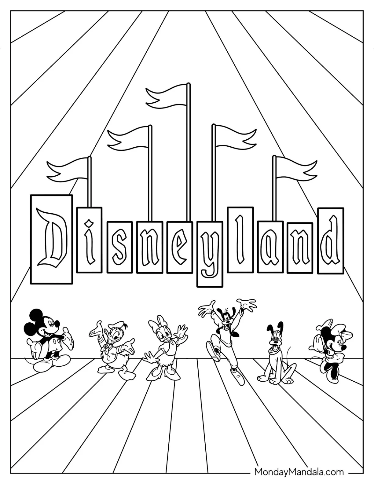 Disneyland Coloring Page Poster With Mickey, Donald, Daisy, Goofy, Pluto, And Minnie coloring page