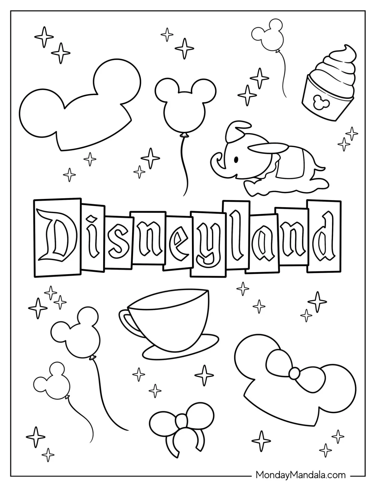 Easy Disneyland Coloring Page Words With Cartoons In Background coloring page
