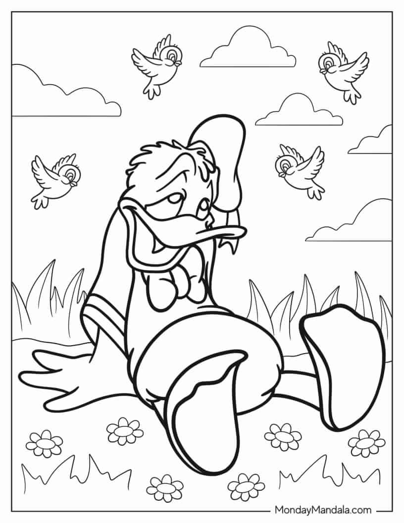Coloring Page Of Donald Duck With Birds coloring page — printable line art