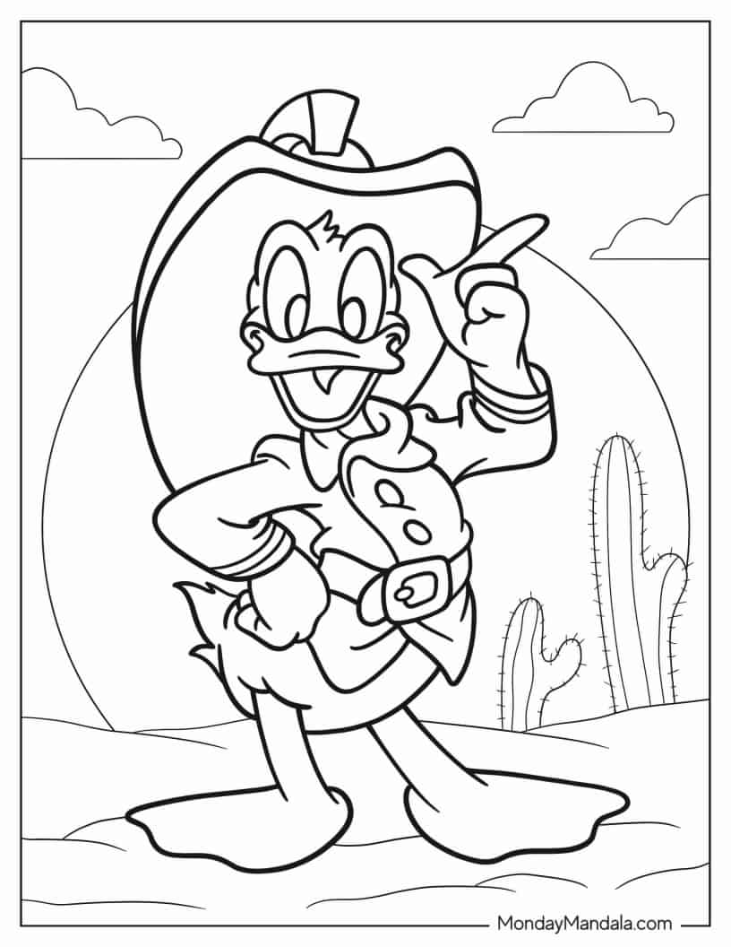 Cowboy Donald Duck coloring page — printable line art