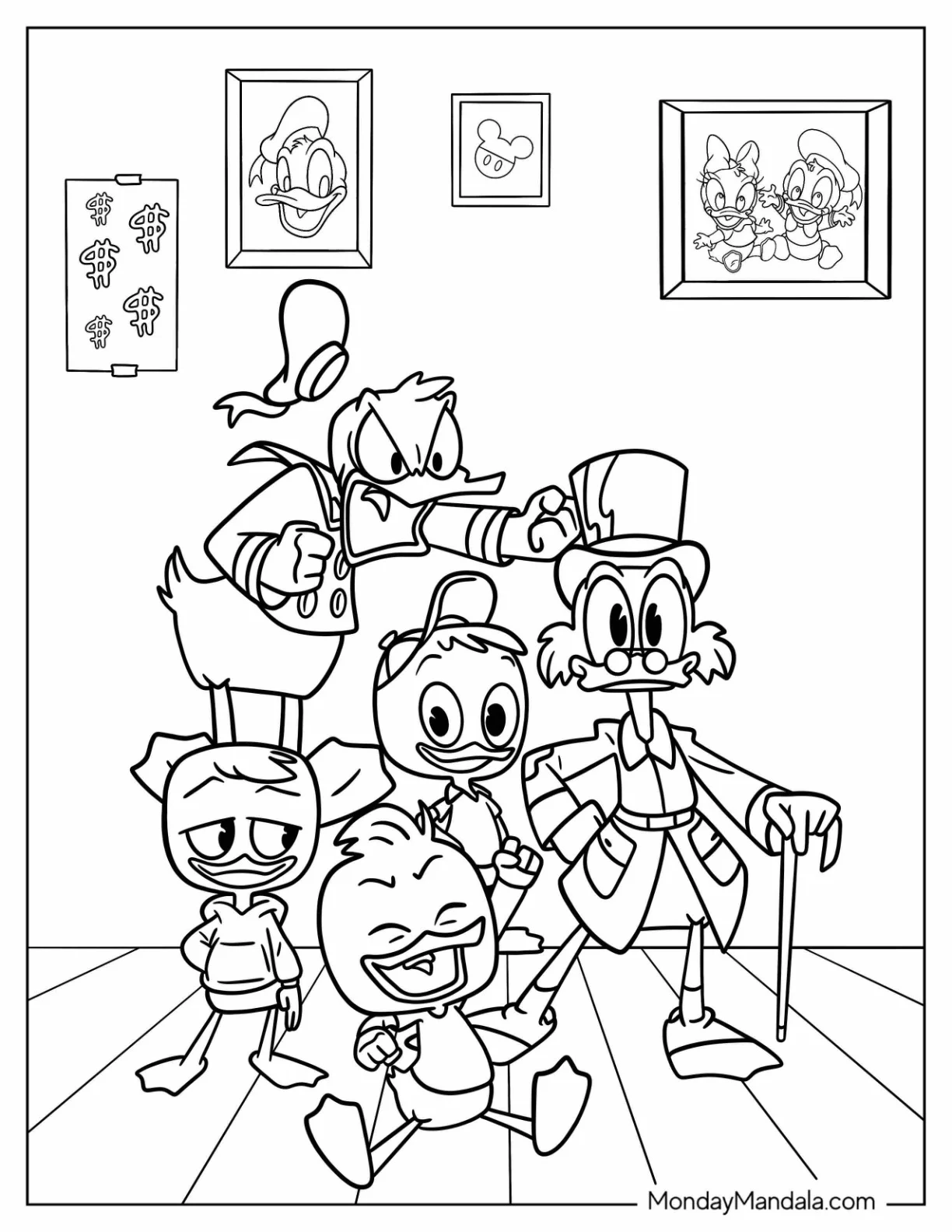 Duck Tales Coloring Page Of Angry Donald Duck With Dewey, Louie, Huey, And Scrooge McDuck coloring page