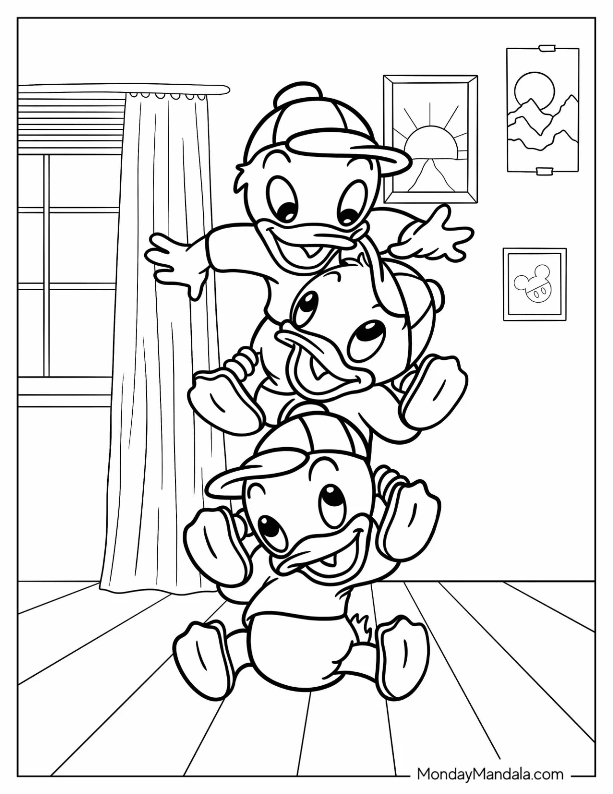 Duck Tales Coloring Page Of Dewey, Louie, And Huey Playing For Kids coloring page