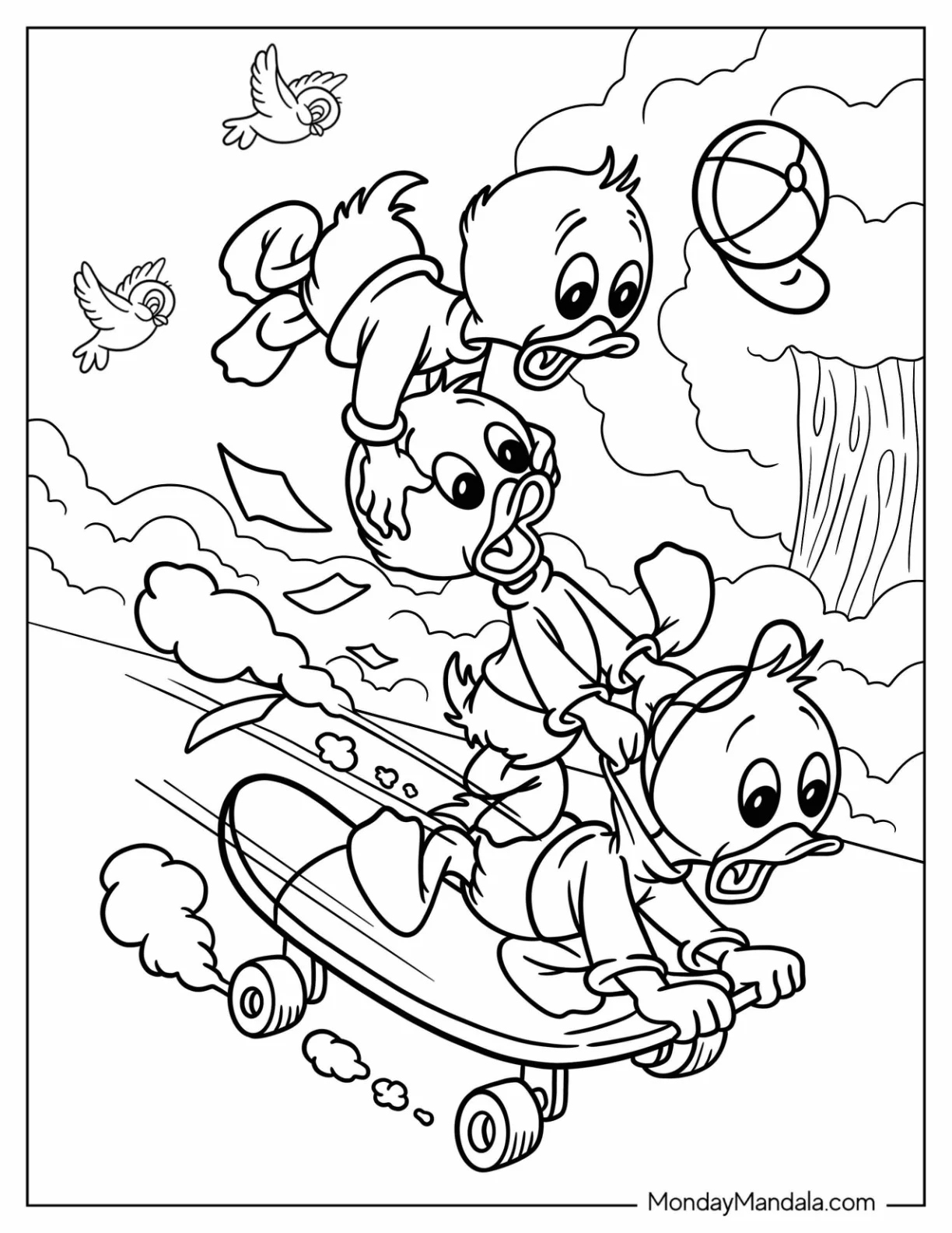 Duck Tales Coloring Page Of Huey, Louie, And Dewey Riding A Skateboard coloring page