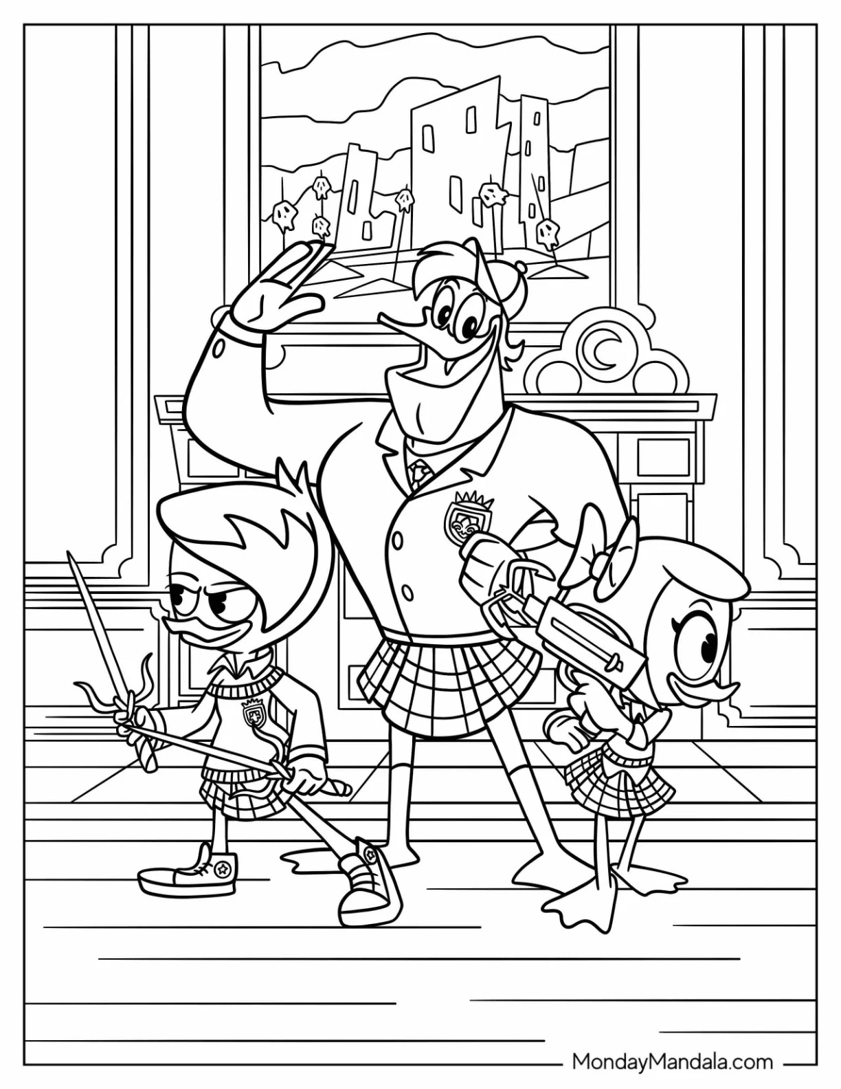 Duck Tales Coloring Page Of Launchpad McQuack With Lena Sabrewing And Webby Vanderquack coloring page