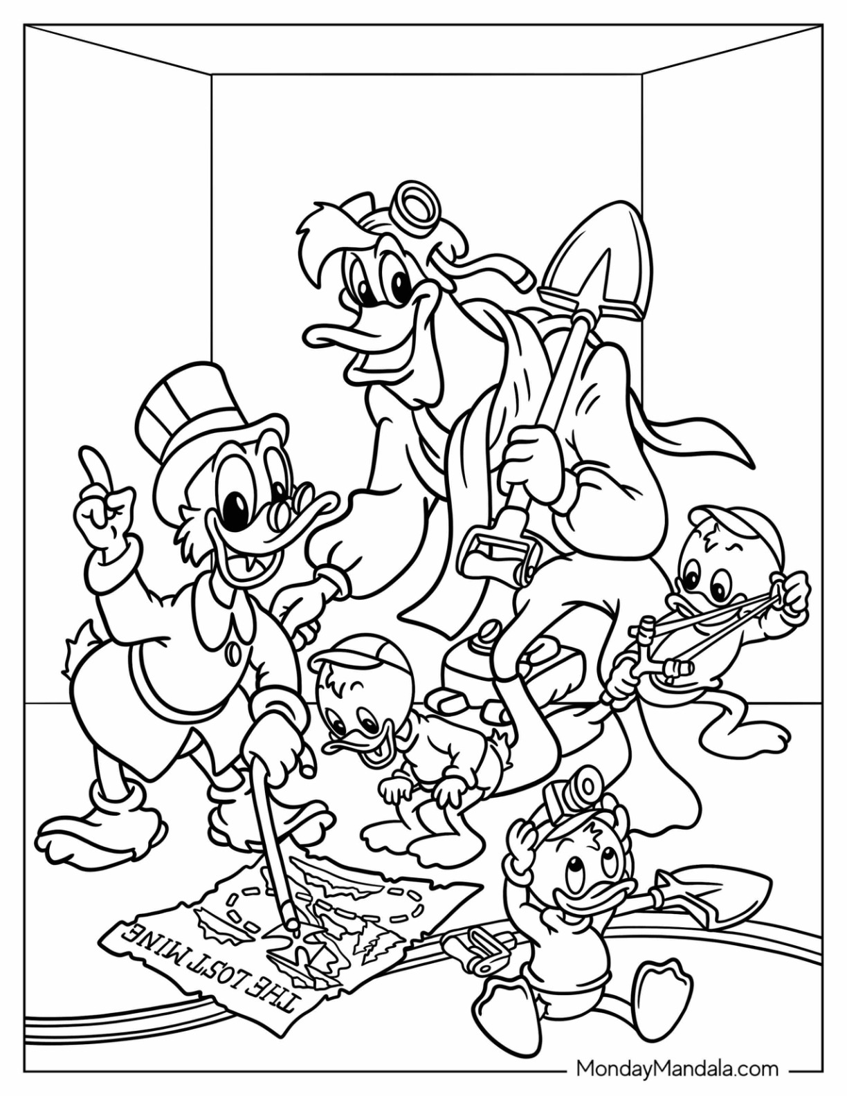 Duck Tales Coloring Page Of Launchpad McQuack With Scrooge McDuck, Dewey, Louie, And Huey coloring page