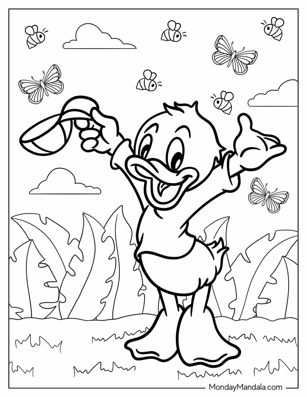 Duck Tales Coloring Page Of Louie Cheering With His Cap Off For Kids coloring page