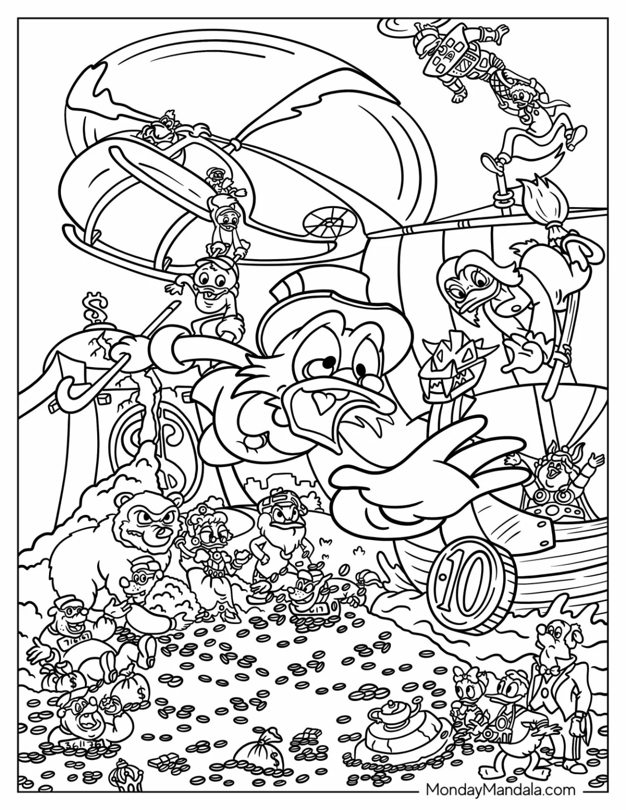 DuckTales Coloring Page Of Characters Competing For Gold Treasure coloring page