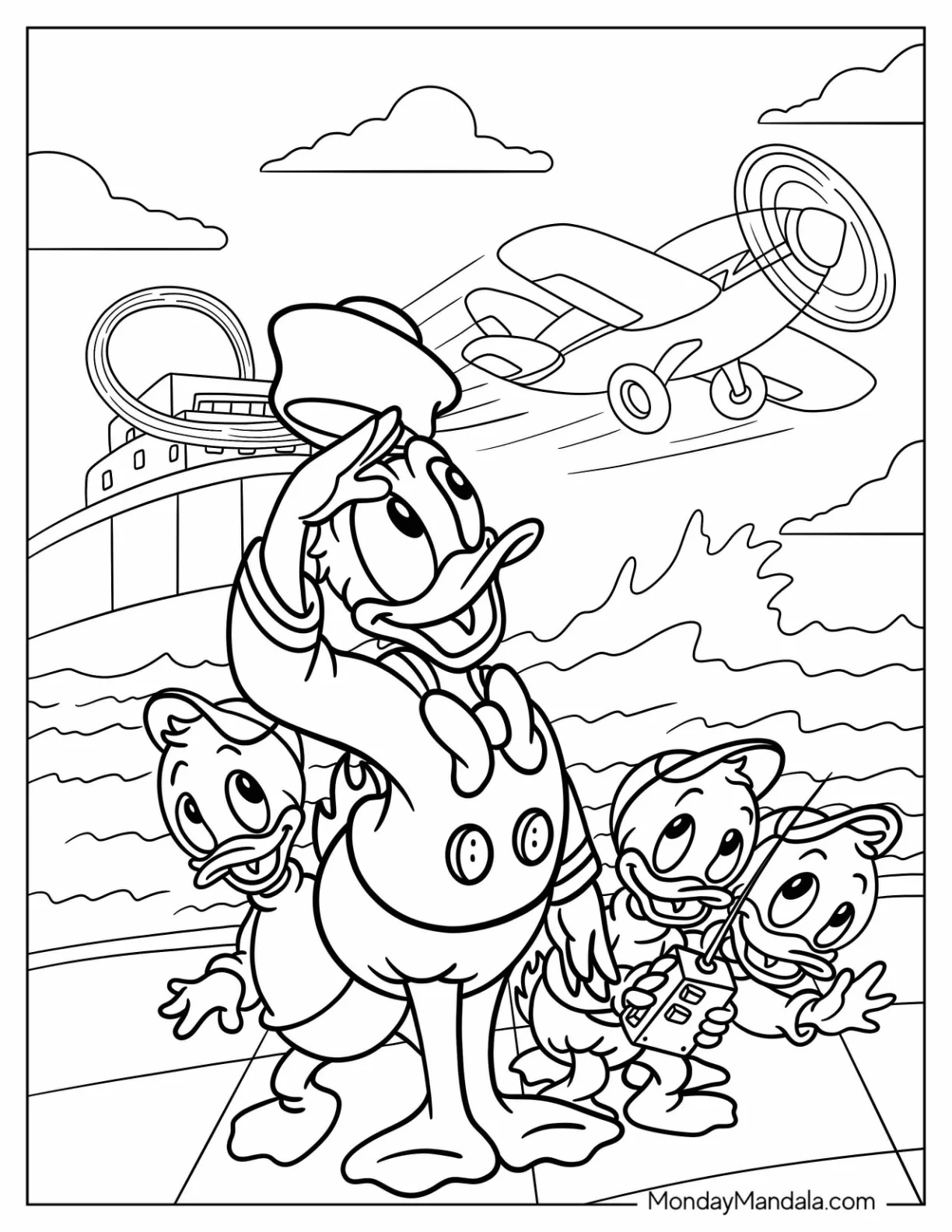 DuckTales Coloring Page Of Donald Duck With Huey, Louie, And Dewey Watching An Airplane From Duck Tales coloring page