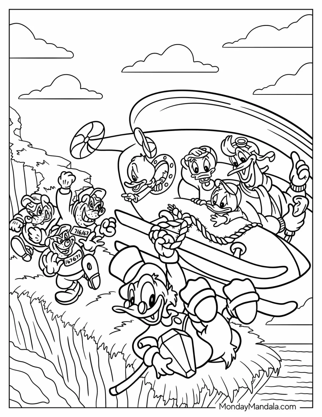DuckTales Coloring Page Of Launchpad, Dewey, Louie, Huey, And Scrooge Escape From Bigtime Beagle coloring page