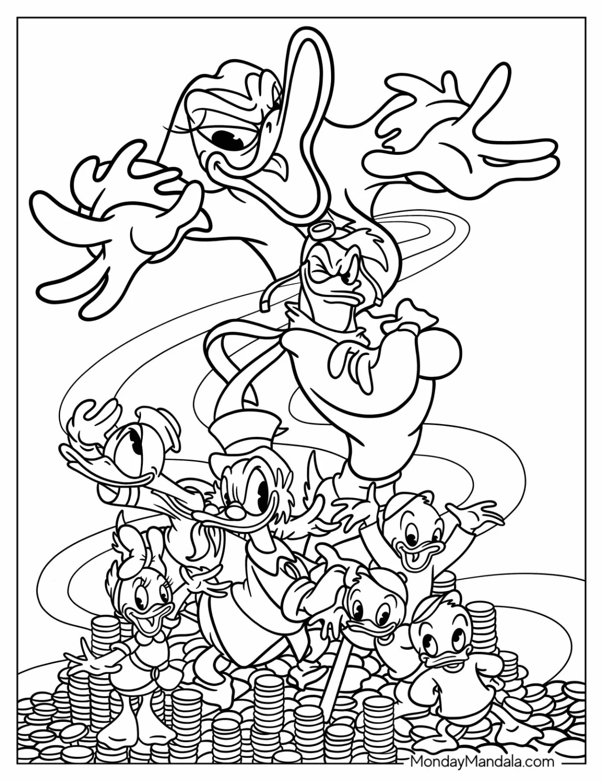 DuckTales Coloring Page Of Magica De Spell With Launchpad, Donald, Dewey, Huey, Louie, Scrooge, And Webby coloring page