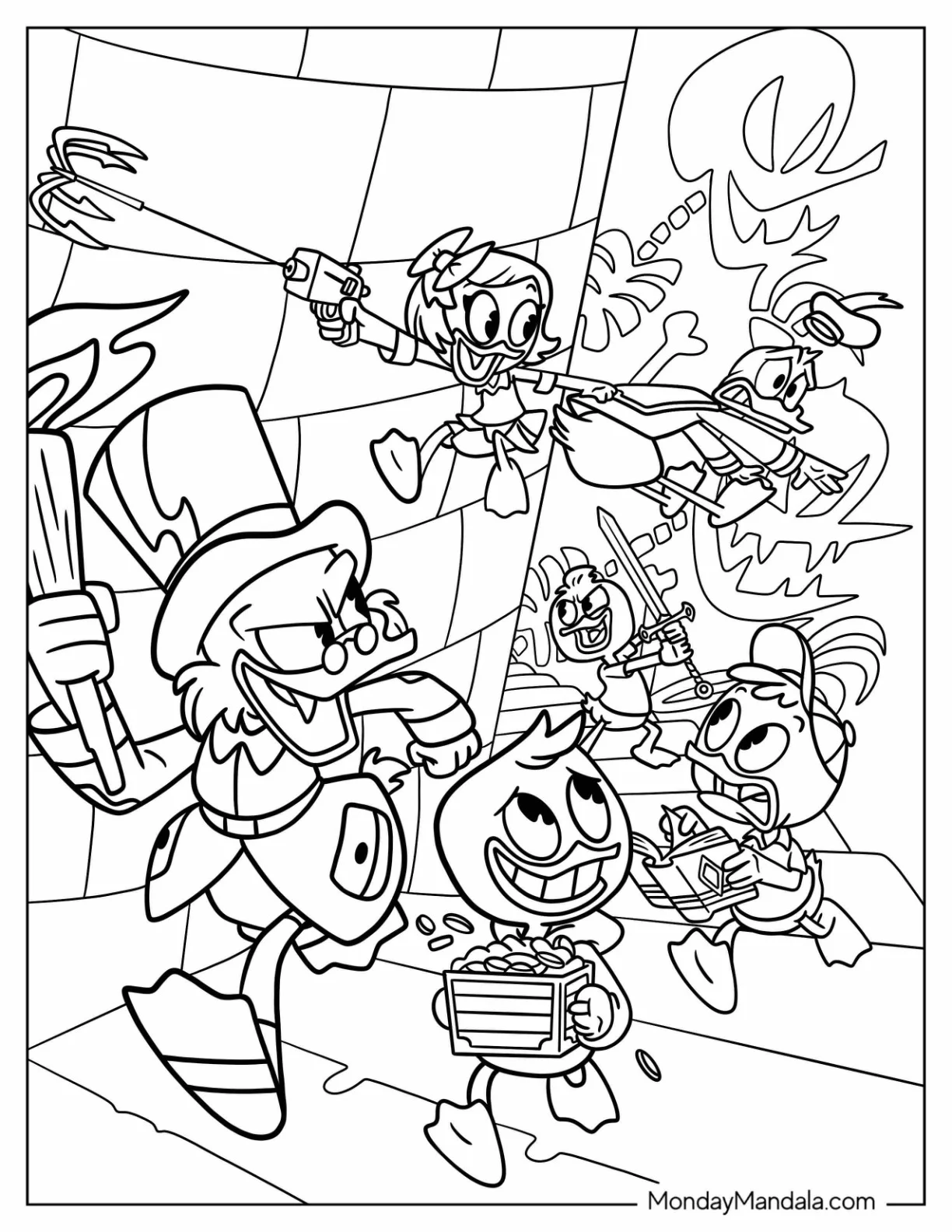 DuckTales Coloring Page Of Scrooge McDuck, Donald Duck, Webby Vanderquack, Louie, Huey, And Dewey Running Away coloring page
