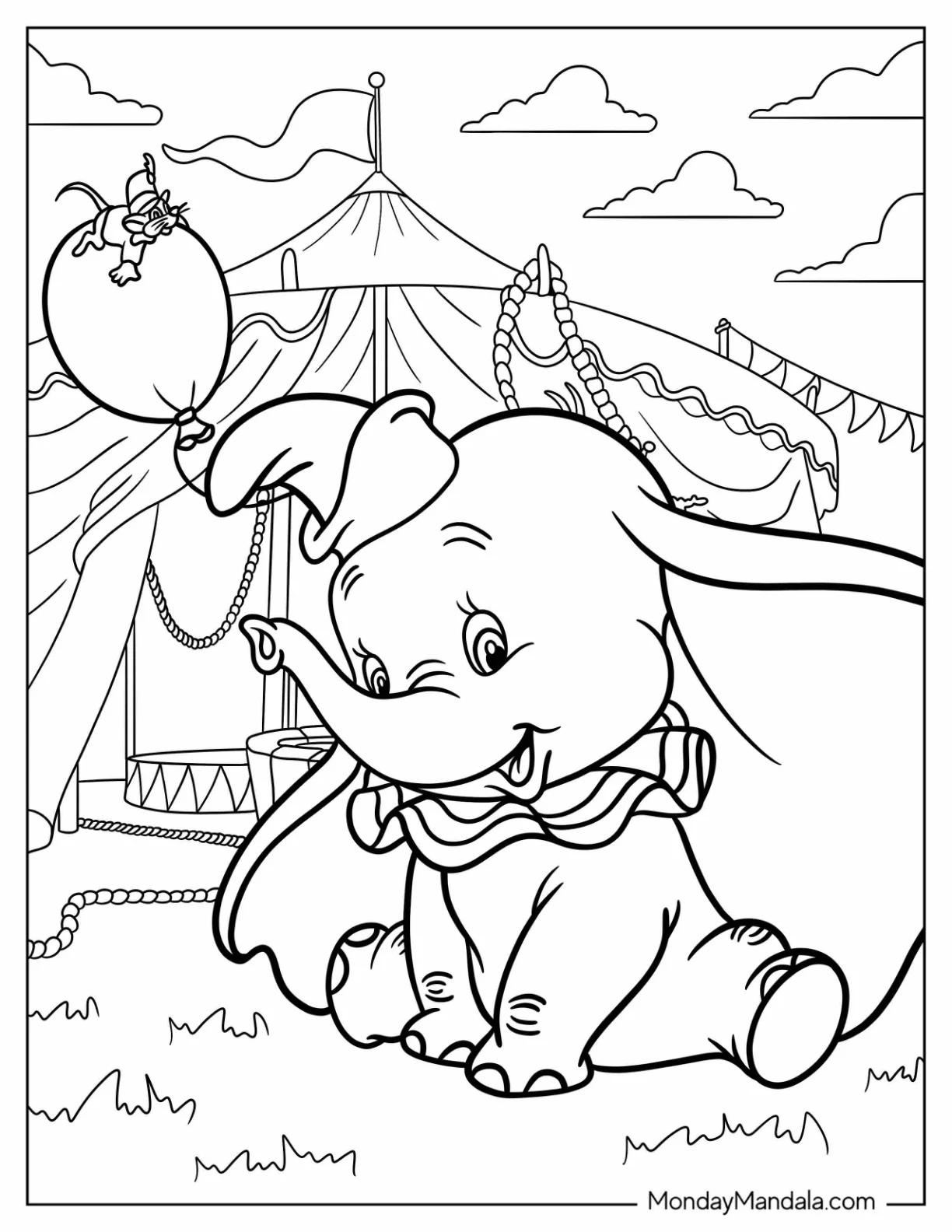 Cute Dumbo Coloring Page Holding Balloon Outside Circus Tent For Kids coloring page