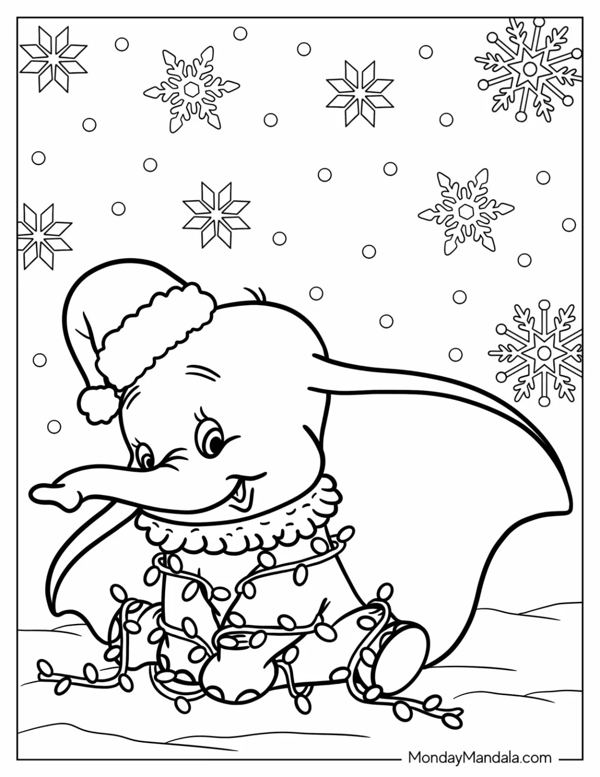 Cute Dumbo Coloring Page Wearing Santa Hat And Covered In Christmas Lights coloring page