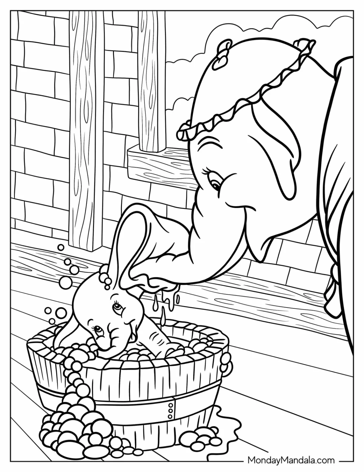 Detailed Mrs. Jumbo Bathin Baby Dumbo Coloring Page coloring page — printable line art