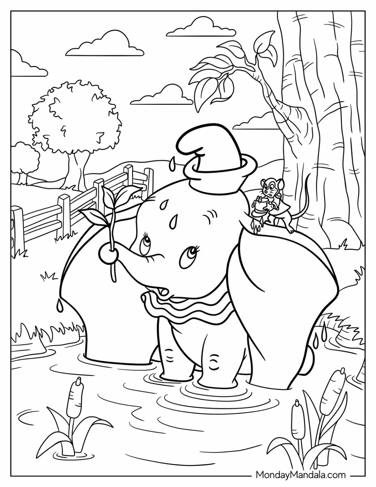 Dumbo Coloring Page And Timothy Mouse Bathing In Pond coloring page