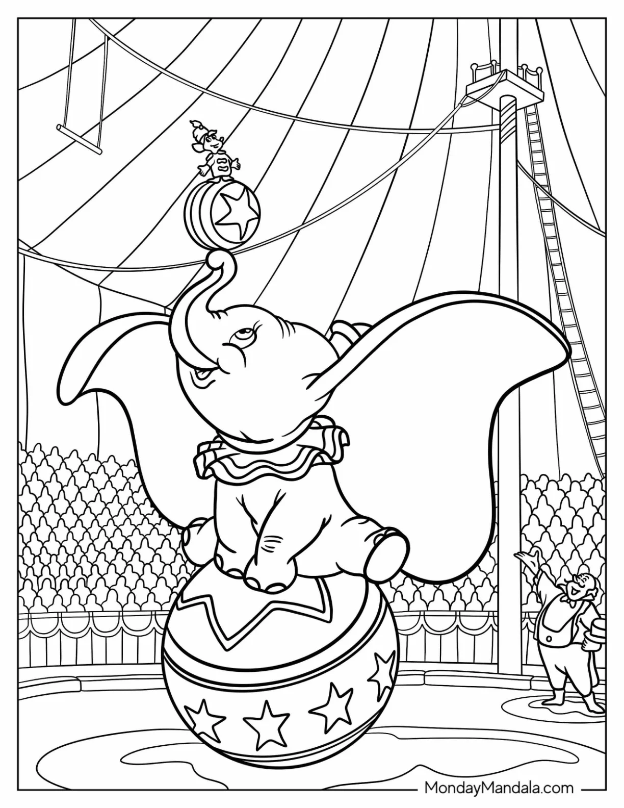 Dumbo Coloring Page And Timothy Mouse Performing Circus Tricks coloring page — printable line art