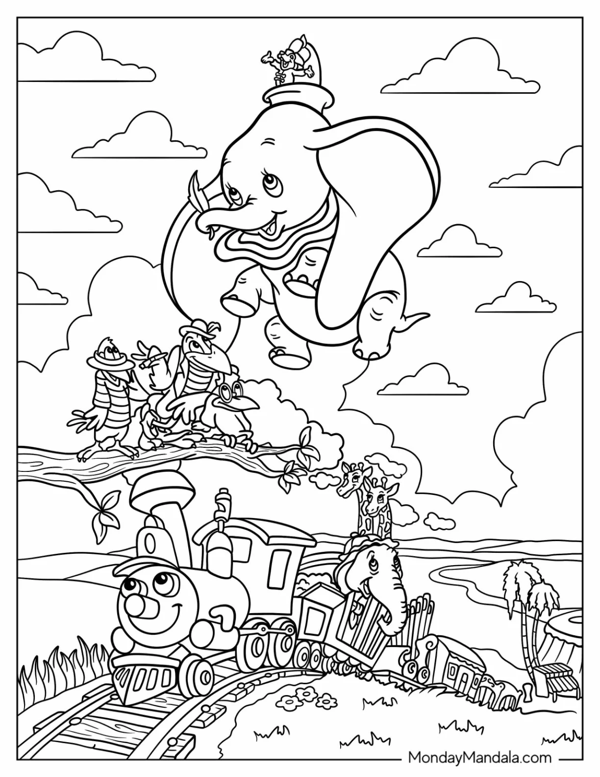 Dumbo Coloring Page Flying Over Circus Train With Animal Friends coloring page — printable line art