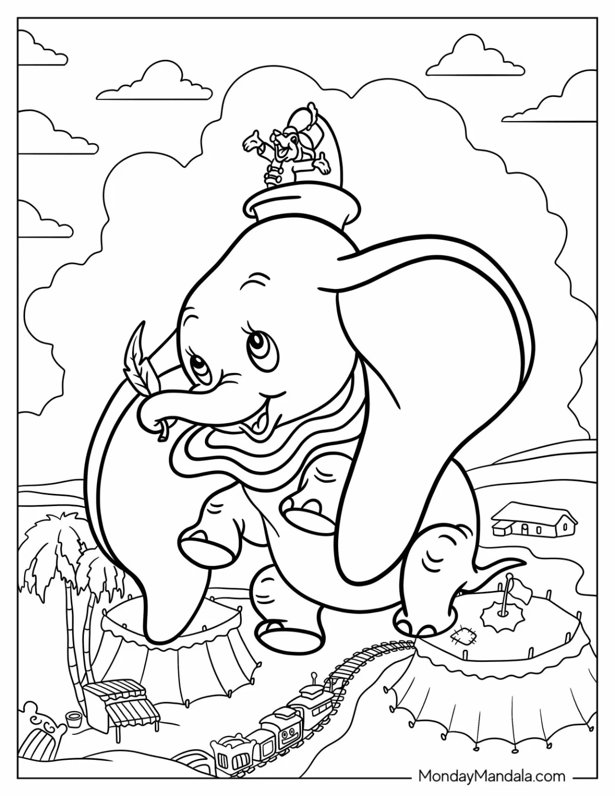 Dumbo Coloring Page Flying Over Circus With Timothy Mouse coloring page — printable line art